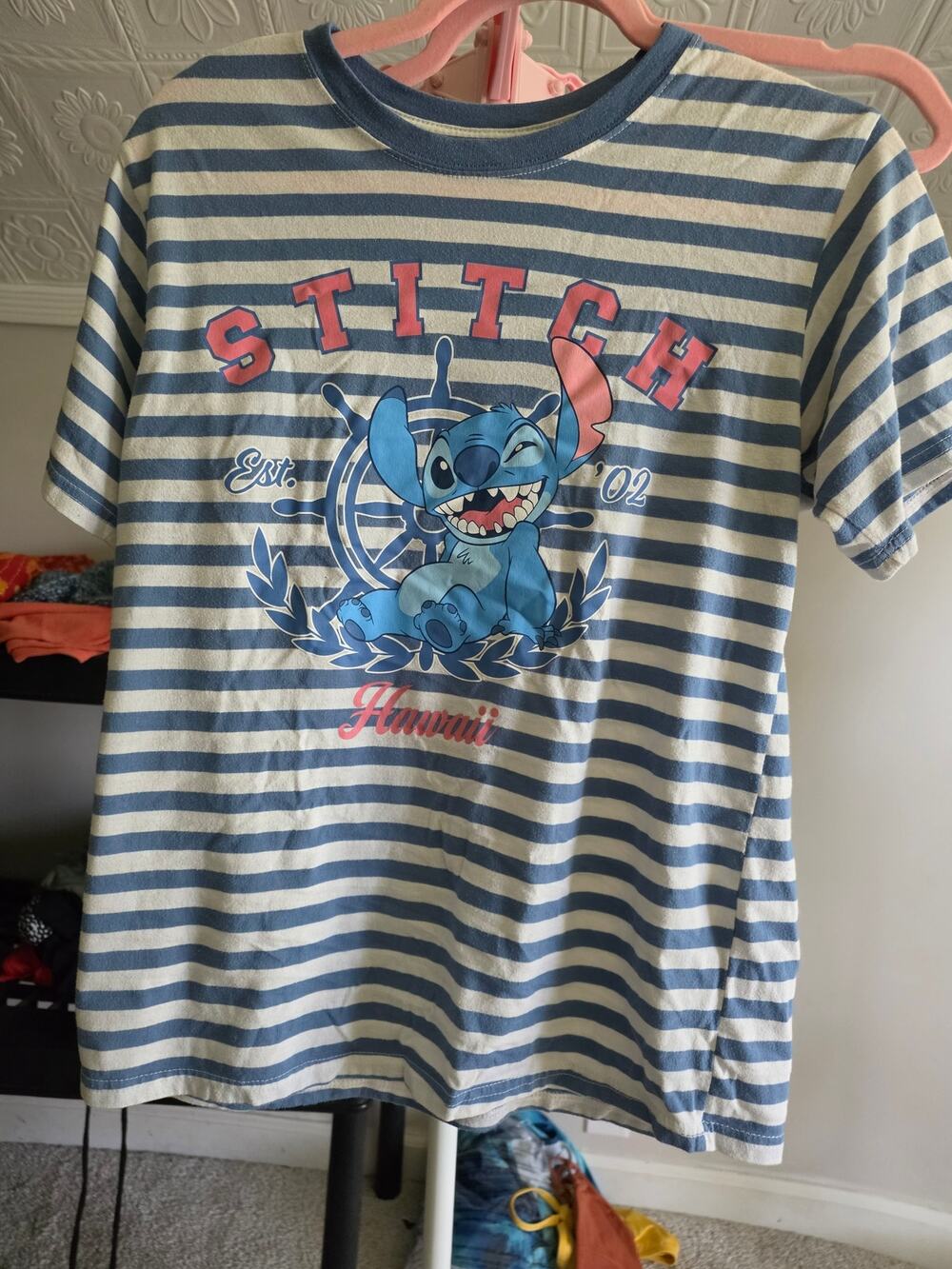 Disney Stitch Hawaii Striped Graphic T-Shirt Blue White Size Medium